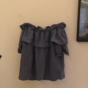 jean off the shoulder ruffle top
